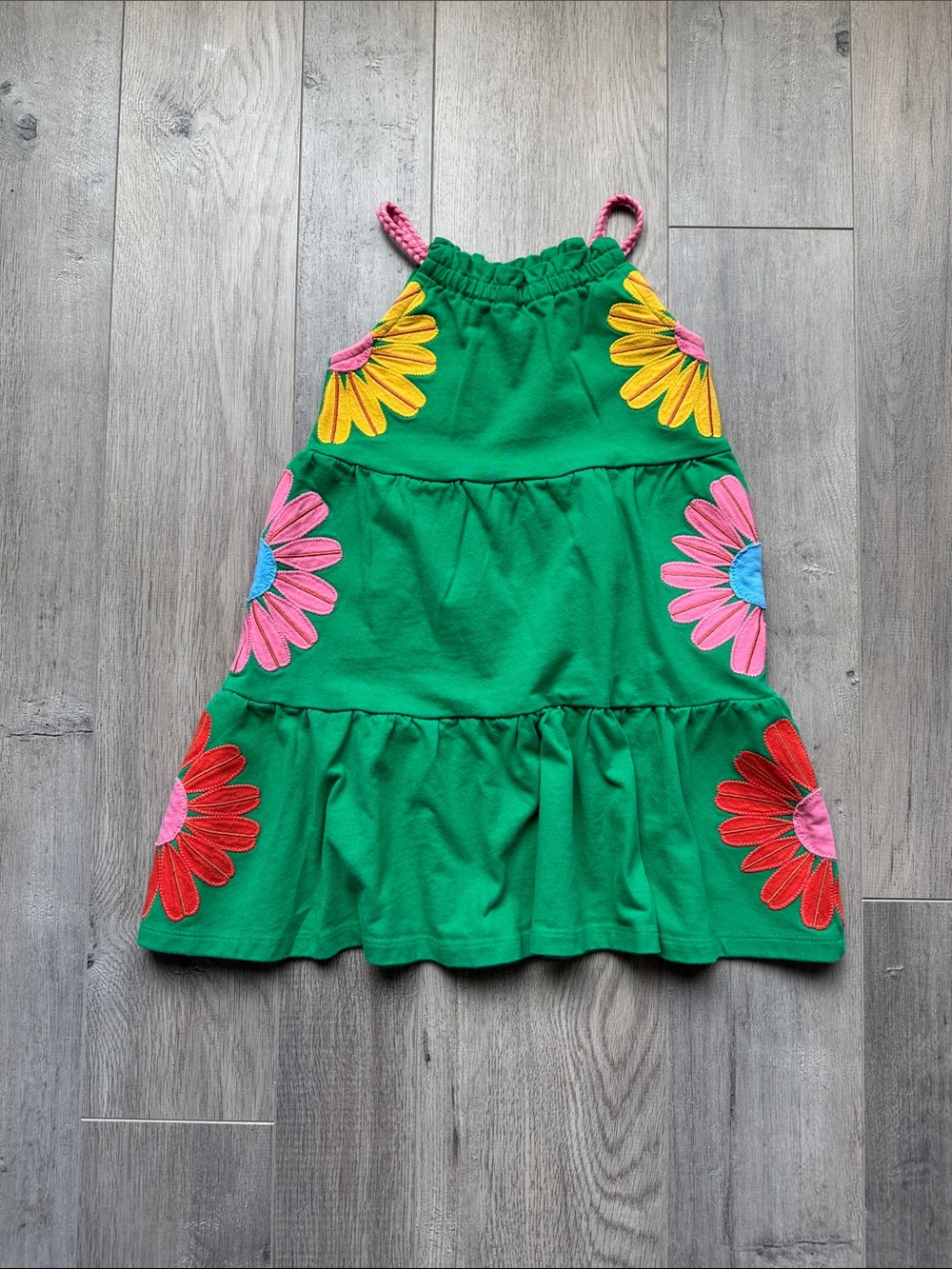 Mini Boden Bright Green Tiered Dress with Colorful Daisy Appliqués